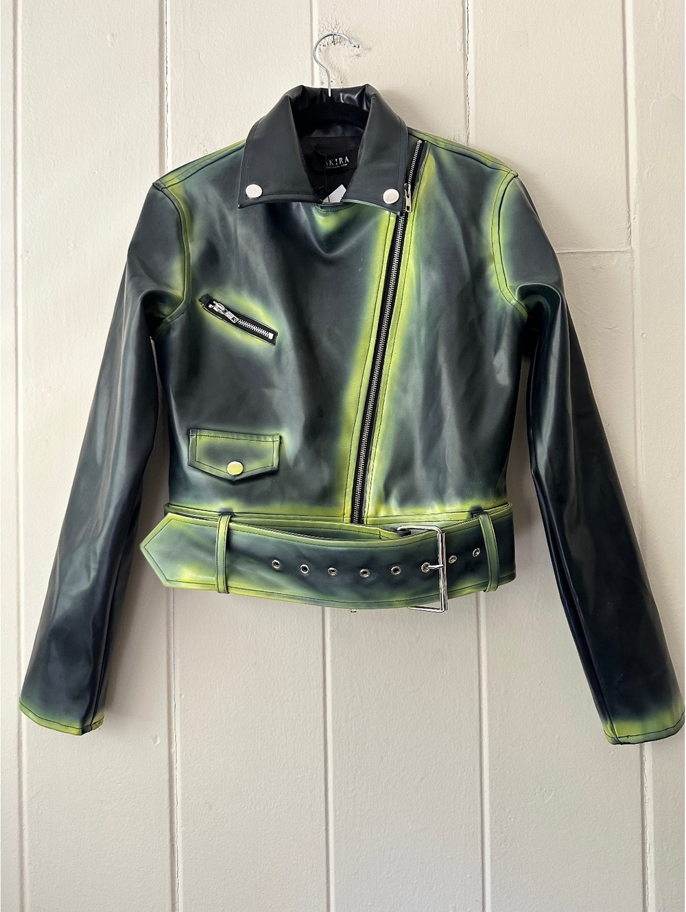 AKIRA Label Lights Out Painted Moto Jacket NWT Black Neon Green Faux Leather Sm